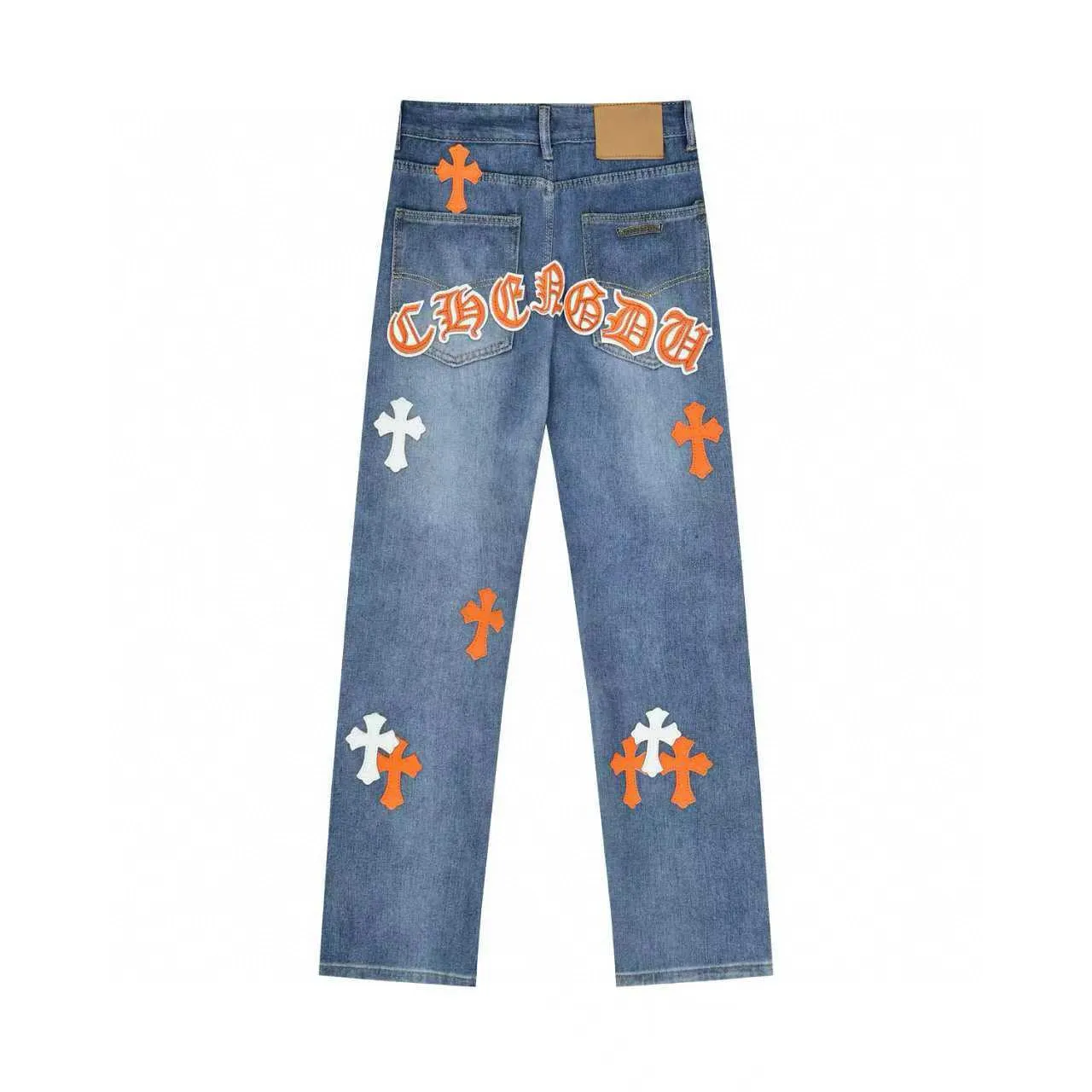 P270 Chrome Hearts/Chrome Hearts Classic Color Leather Cross Washed Color Fabric Unisex Denim Trousers Color: Picture Color Code Number: 28-36